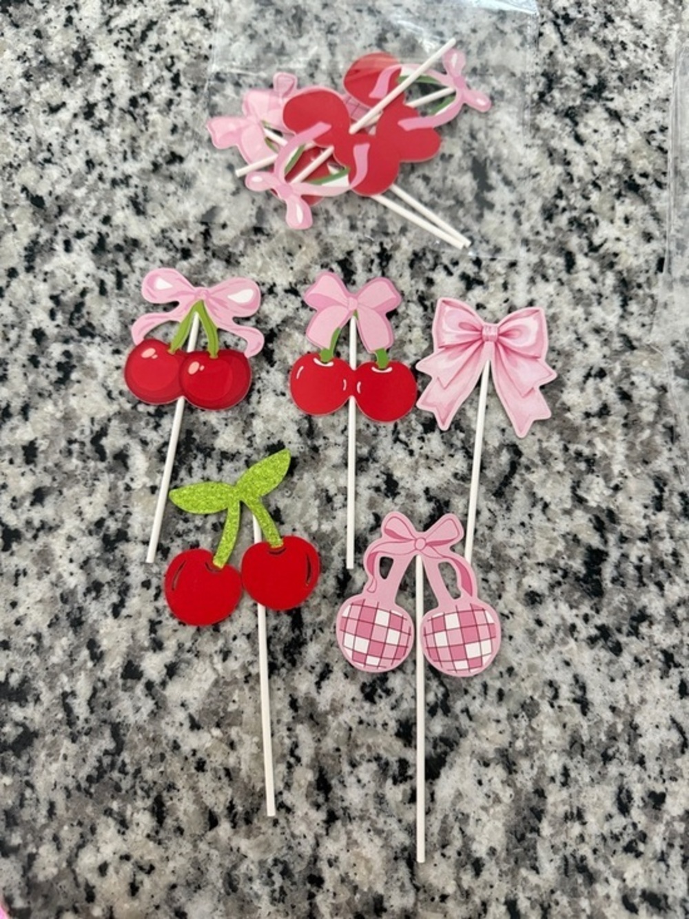Pink and Red Cherry cupcake Picks - Cute Bow Accent (9)